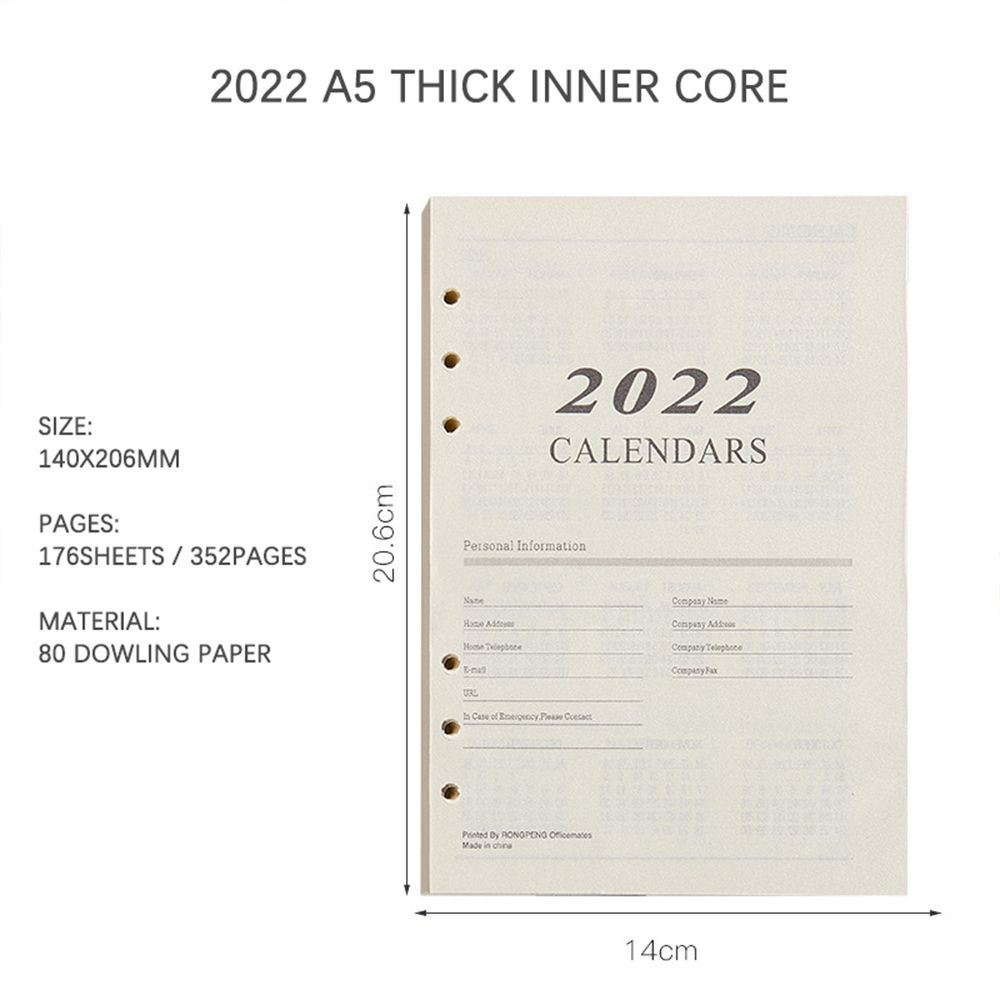 Trang giấy rời 6 lỗ xỏ khổ A5 dạng lịch 2022 dùng để làm sổ tay/lên kế hoạch theo ngày tháng tiện dụng