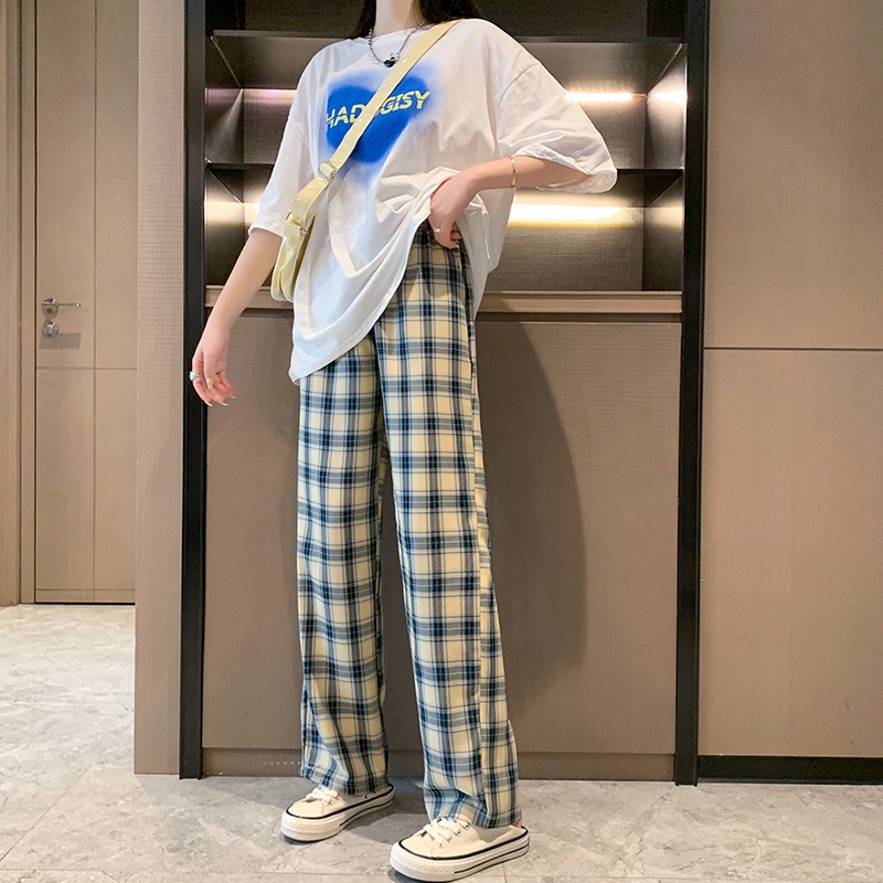 Quần dài SUXI lưng cao thiết kế dáng rộng thoải mái hoạ tiết kẻ sọc