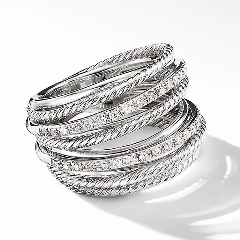 Nhẫn Kim Loại Mạ Bạc Nhiều Hàng Đính Đá Zircon Sang Trọng