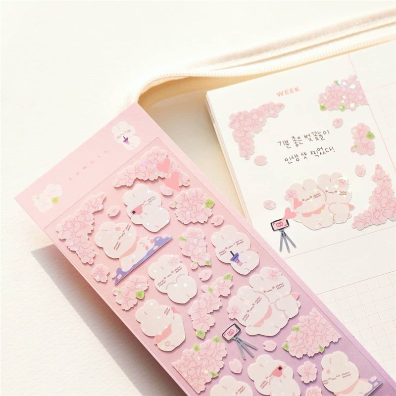 Sticker Hình Dán PET Hình Thỏ Mèo Râu Quăn Lấp Lánh Trang Trí Toploader Bullet Journal