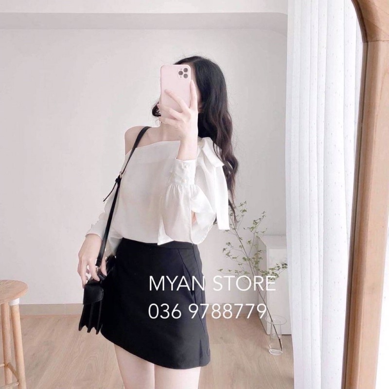 [Ảnh thật/Video]Sơ mi lụa Sazie trễ vai sang chảnh thiết kế tay nơ mặc được hai kiểu