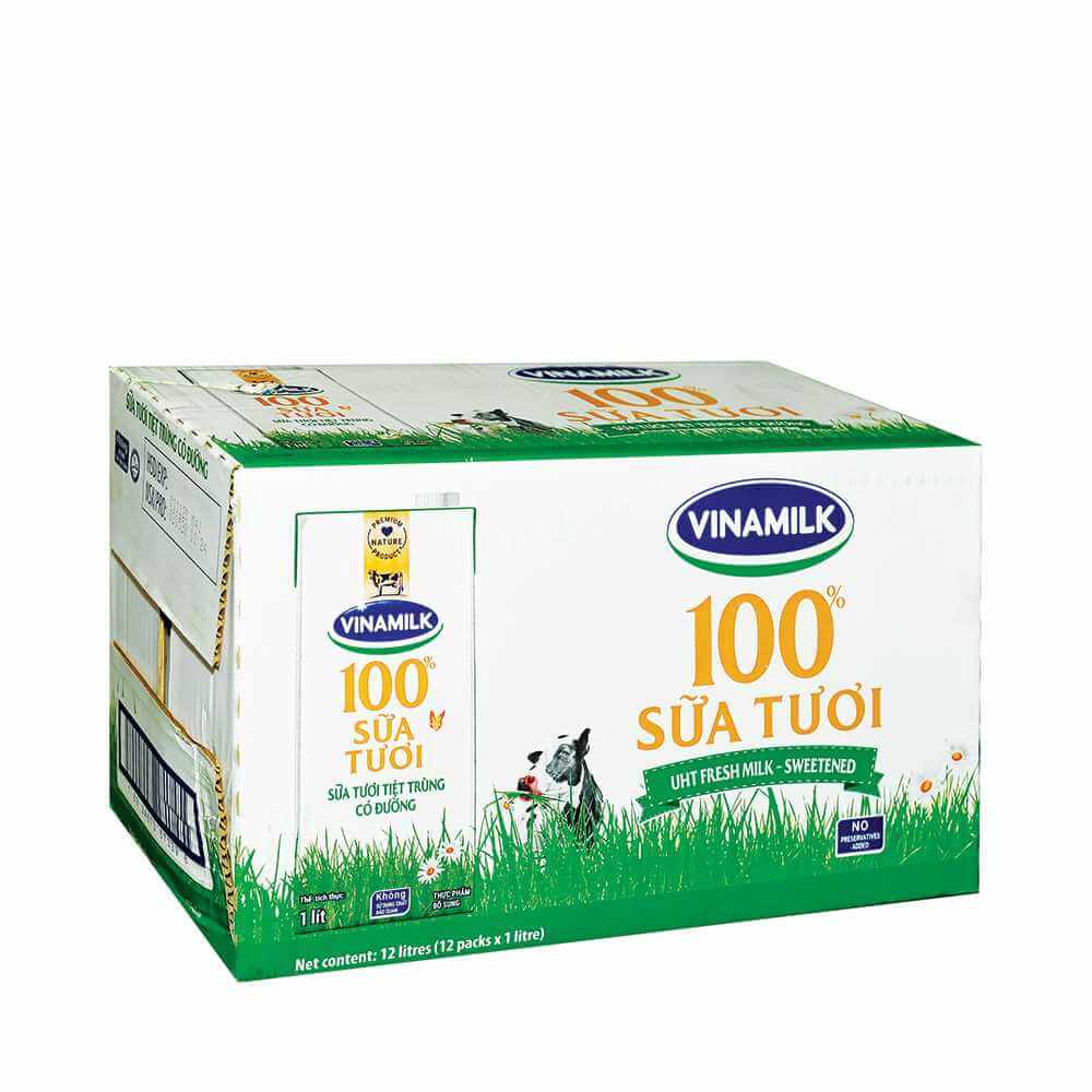 Thùng 12 Hộp Sữa tươi tiệt trùng Vinamilk 100% Có đường - Hộp giấy 1L