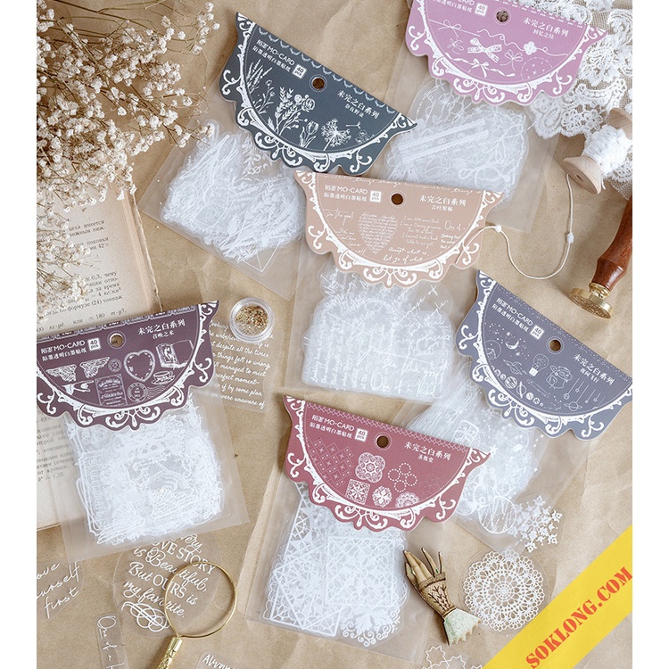 Túi 40 sticker trong suốt cỡ lớn hình ngân hà, câu quotes Vintage dán bullet journal, sổ tay STI10