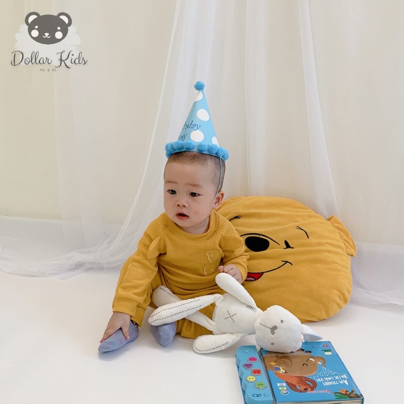Bộ dài tay phối tai gấu cotton tổ ong đáng yêu cho bé trai, bé gái