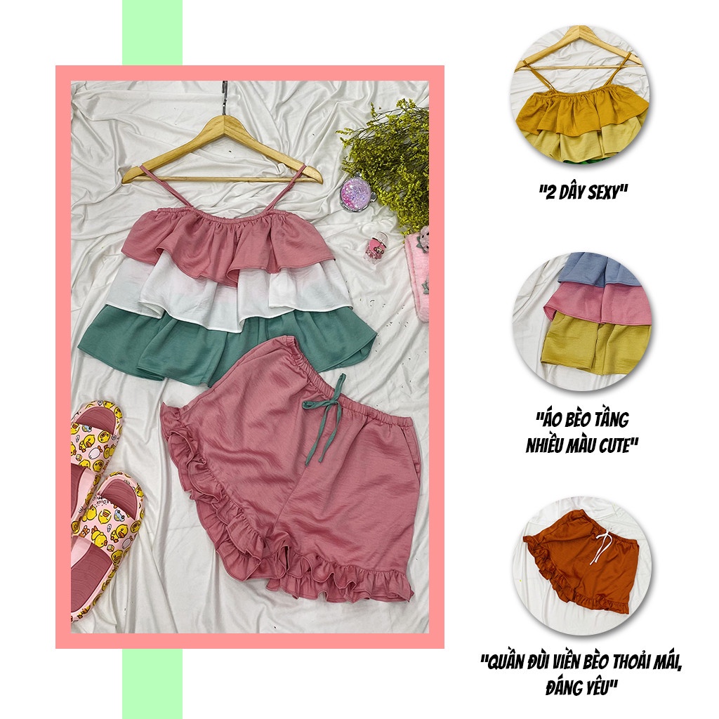 Đồ bộ mặc nhà SBORG đồ ngủ 2 dây áo 3 tầng tuyết nhung sexy quần đùi viền bèo cute free size dưới 60kg quà tặng vợ | BigBuy360 - bigbuy360.vn