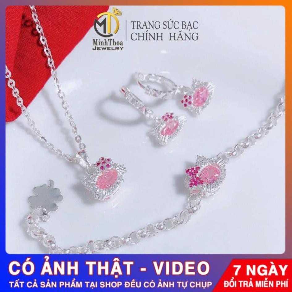 Combo dây chuyền, bông tai, vòng tay kitty bạc ta cho bé gái, trang sức bạc nguyên chất Tuấn Thoan JEWELRY