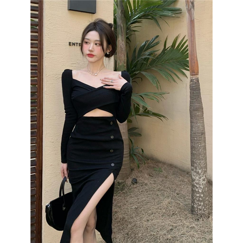 Đầm Đen Nhỏ Xẻ Tà Ôm Eo Thời Trang Cho Nữ