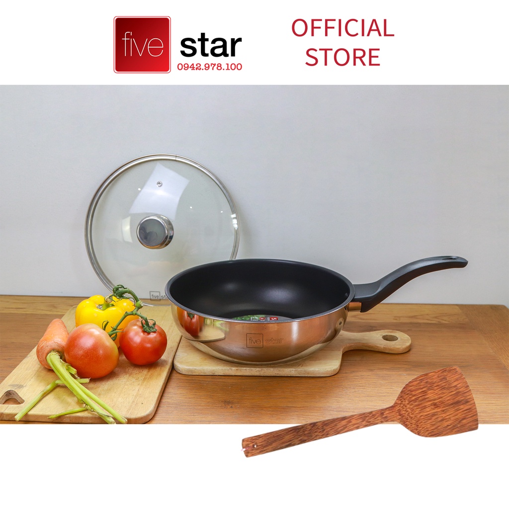 Chảo đáy từ chống dính sâu lòng cao cấp Fivestar 24cm , 26cm nắp kính , tặng 1 sạn dừa