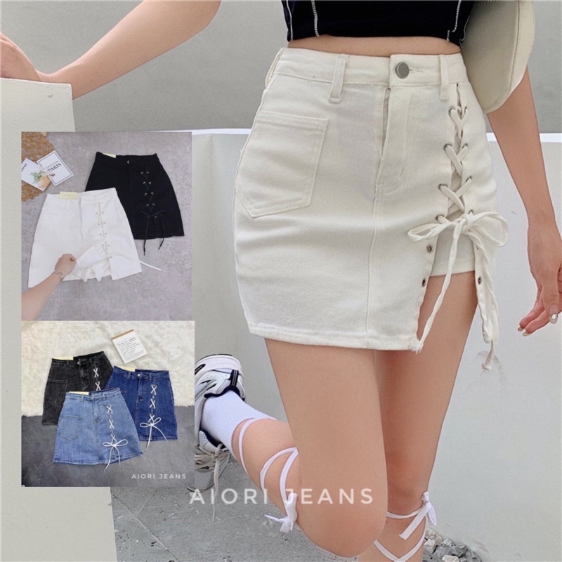 [ĐỦ 4 MÀU] Chân Váy Jean Aiori Cao Cấp Lưng Cao Chất Vải Co Giãn Có Quần Váy Buộc Chéo Dây Xinh Xắn