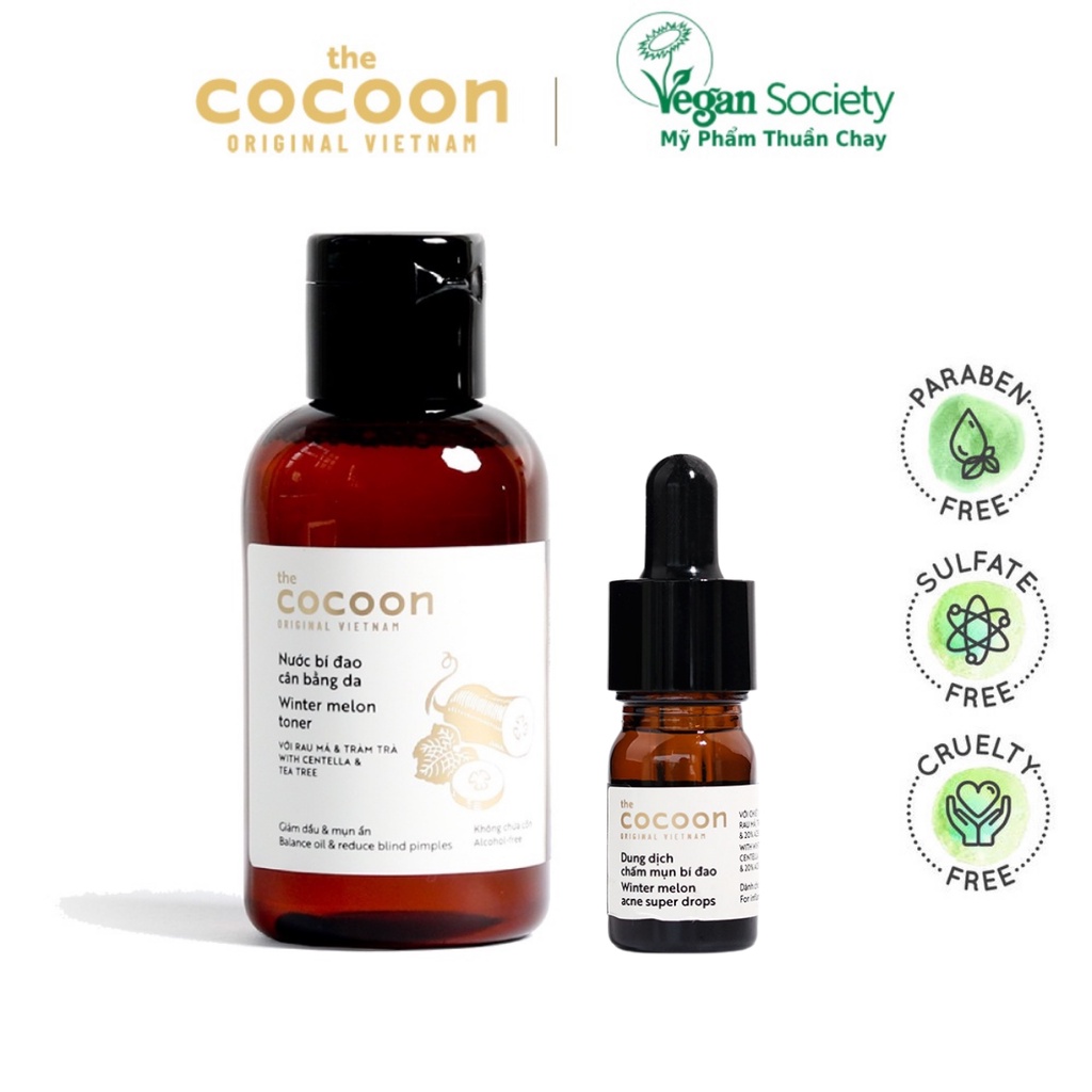 Combo Toner nước cân bằng da bí đao cocoon 140ml + Dung dịch chấm mụn cocoon 5ml - Vegan Society