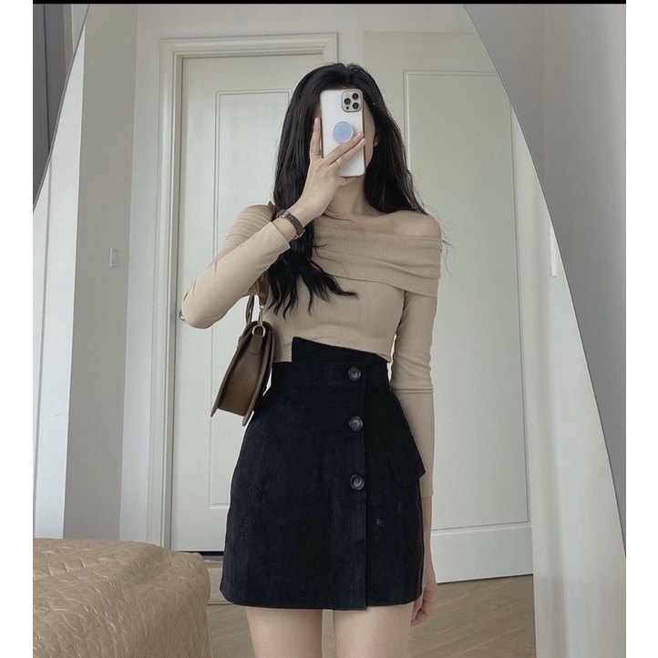 Set Áo Len Trễ Vai Mix Chân Váy Nhung Tăm