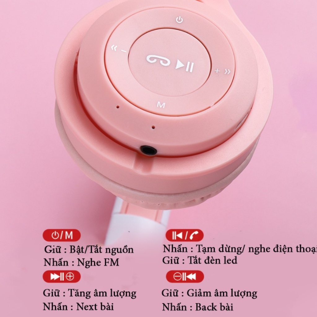 Tai nghe mèo chụp tai bluetooth không dây có mic BOMAN, Tai phone bluetooth không dây gaming có đèn led đổi màu cute