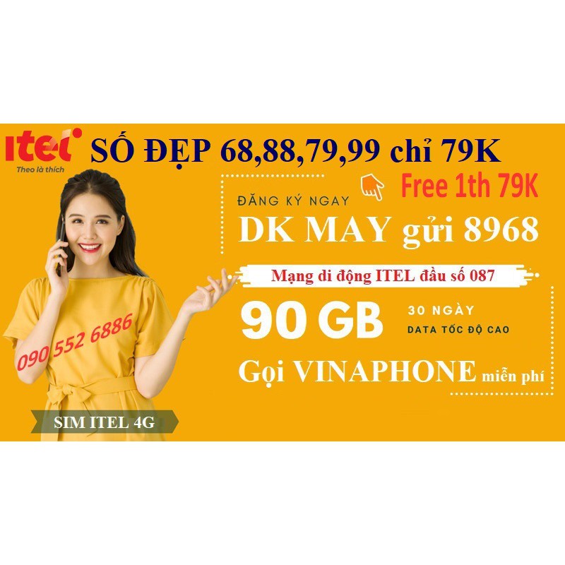 Sim 4G itel Mạng Vinaphone Gói May -Data 90Gb  - Gọi Miễn Phí +60 SMS - Sim 4G Giá Rẻ