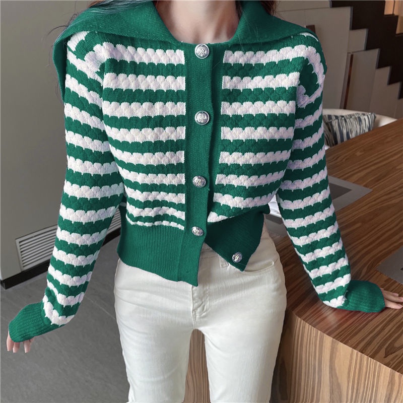 Áo Sweater Dệt Kim Cổ Bẻ Dáng Ngắn Họa Tiết Kẻ Sọc Phong Cách Retro Xinh Xắn