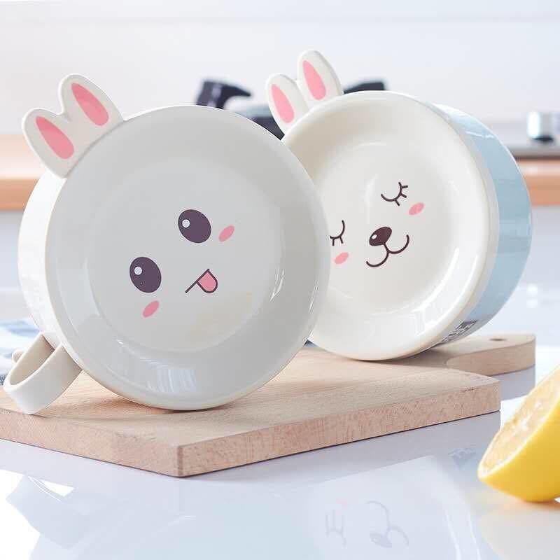 Bát úp mỳ lõi inox giữ nhiệt có quai cầm, tô đựng thực phẩm mặt thỏ dễ thương có nắp đậy và tay cầm an toàn tiện ích