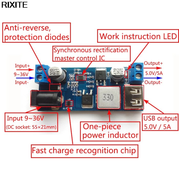 Mạch Hạ Áp 5V  có cổng USB - 5A Dãy 9-36V  M828