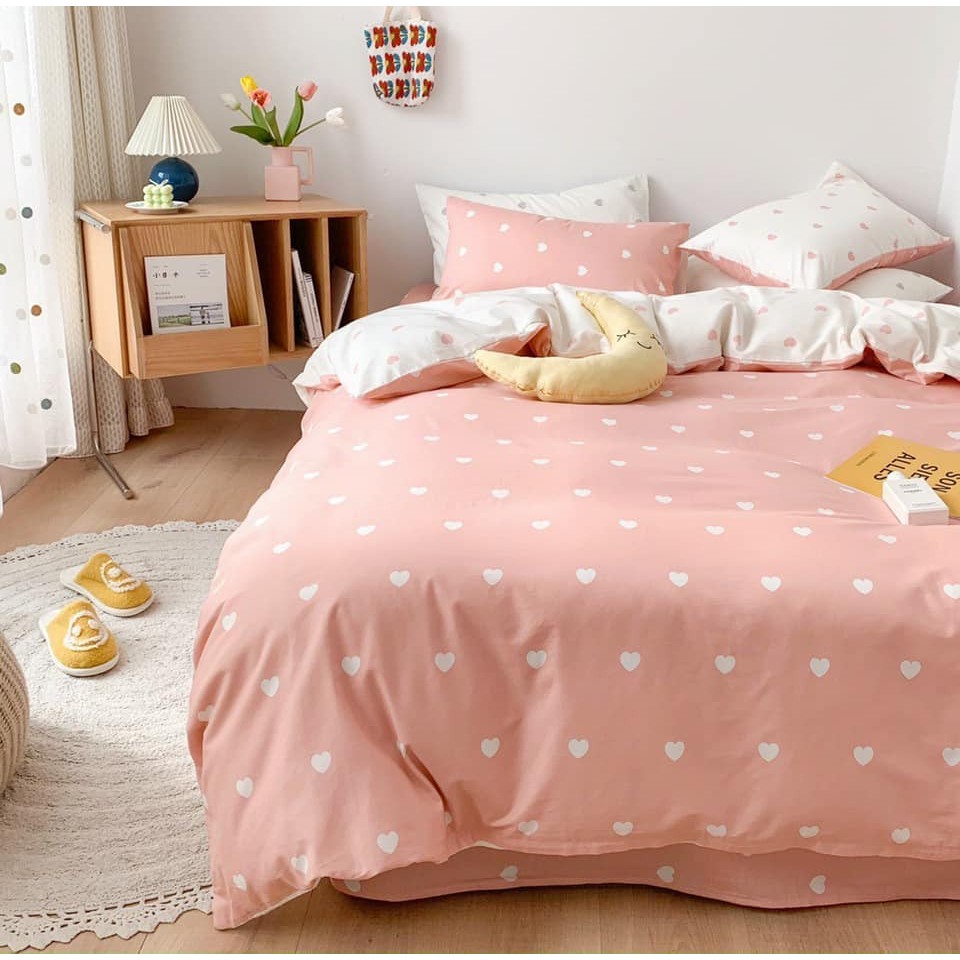 Bộ Chăn Ga Gối Cotton Poly Tim Trắng Phối Hồng