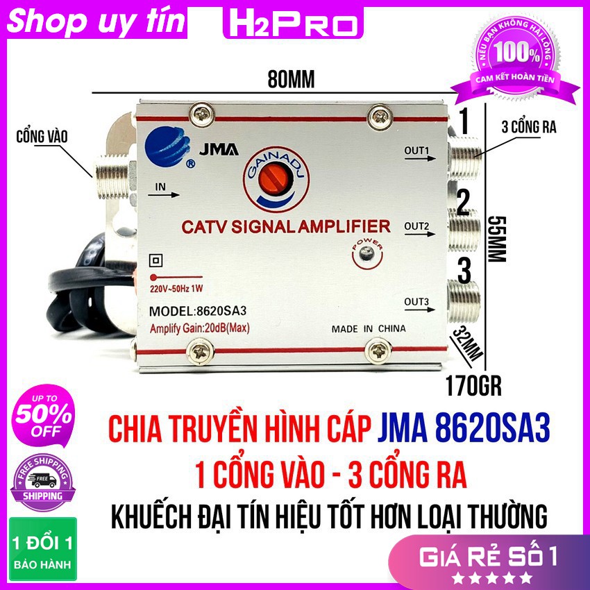 [RẺ VÔ ĐỊCH] Bộ chia truyền hình cáp 1 ra 3 JMA 8620SA3 H2Pro cao cấp, bộ chia truyền hình cáp có khuếch đại tín hiệu