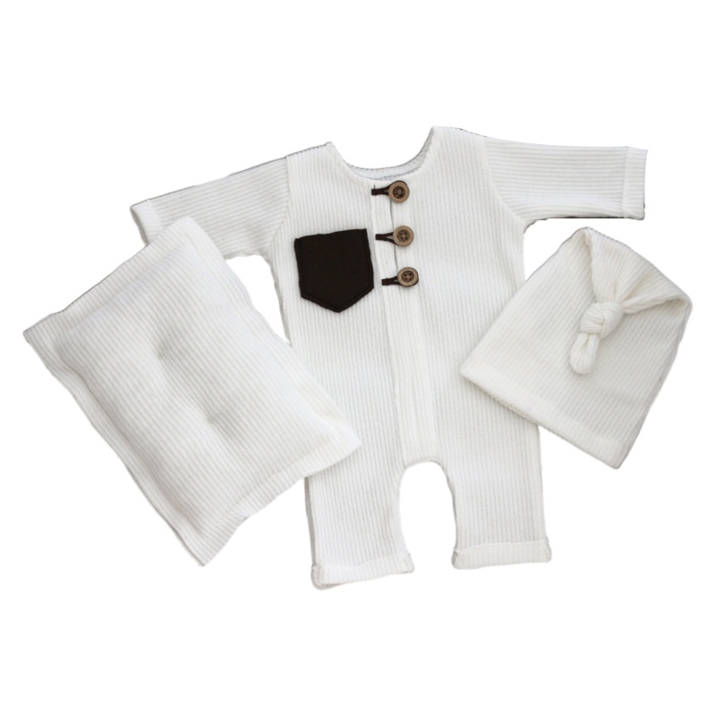 Bộ 3 Món Gồm Áo Liền Quần Bằng Cotton Thắt Nút Kèm Gối Và Mũ Làm Đạo Cụ Chụp Ảnh Cho Bé Trai
