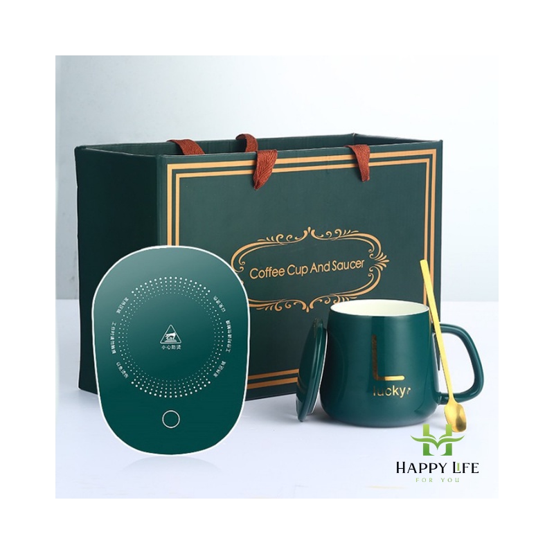 Cốc hâm nóng đồ uống kèm đế điện, bộ ly cốc hâm nóng - Happy Life 4U