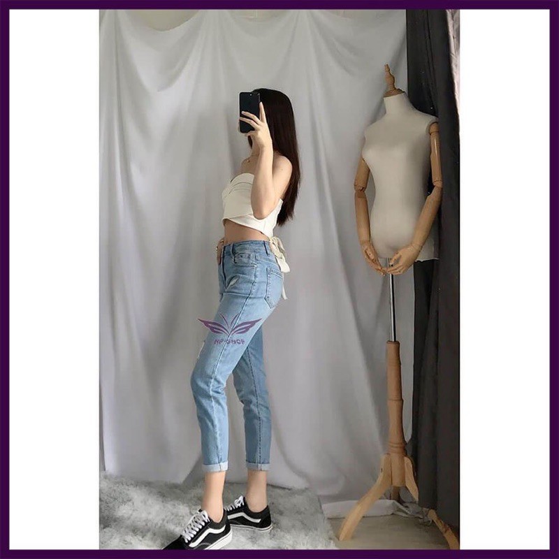 Quần baggy nữ lửng lưng cao⚡️ quần boyfriend nữ ngố cạp cao co giãn kiểu rách Nhipham shop/xanh nhạt, xanh đậm