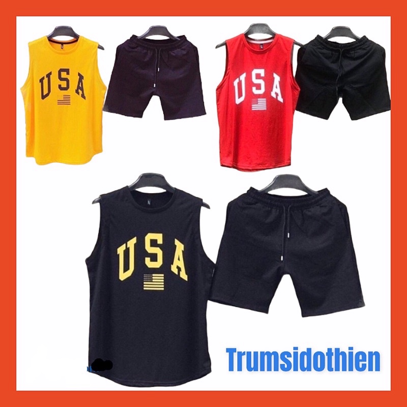 Bộ mặc nhà USA sát nách chất thun mè cao cấp bigsize dành cho nam nữ mặc nhà ngủ thể thao tập gym du lịch đi biển CHP