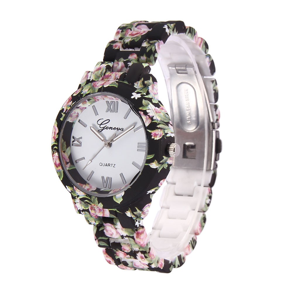 Đồng hồ quartz Geneva trang trí hình hoa với dây đeo nhựa sllxg