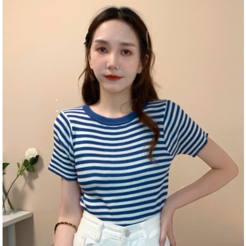 Áo thun nữ cổ tròn ngắn tay họa tiết kẻ sọc 8 màu thời trang 2022