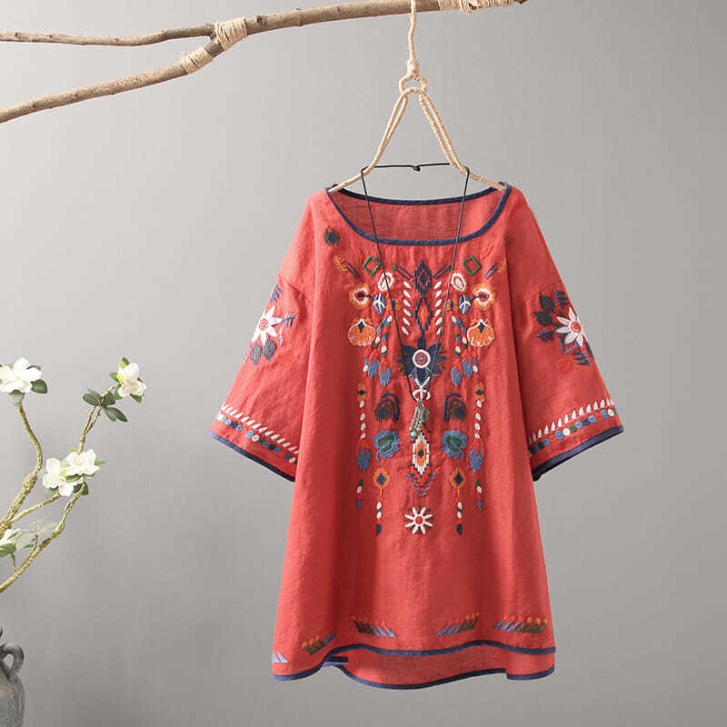 Áo Sơ Mi Cotton Lanh Dáng Rộng Thêu Họa Tiết Thủ Công Kiểu Retro Thời Trang Cho Nữ