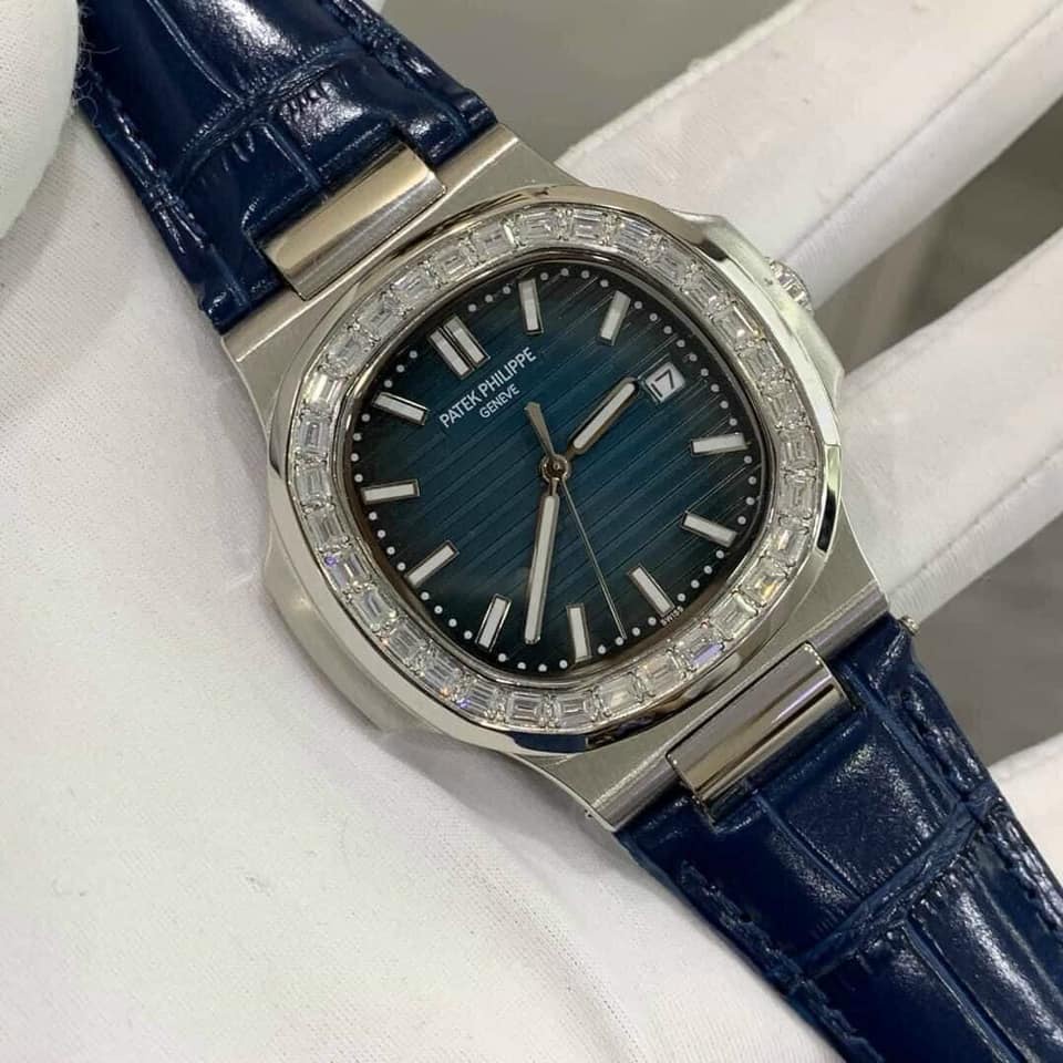 Đồng hồ Nam Pt vuông 3kim vành đá tròn dây da cơ automatic size 40mm-41mm  mặt xanh vỏ trắng kim phản quang.