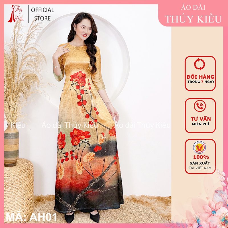 Áo dài may sẵn thiết kế trung niên nữ đẹp cách tân tết vàng hoa đỏ AH01 mềm mại, co giãn