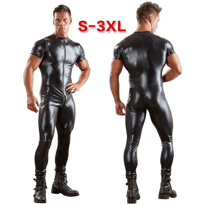 Jumpsuit Da Bóng Ngắn Tay Phối Khóa Kéo Đôi Phong Cách Âu Mỹ Quyến Rũ Cho Nam