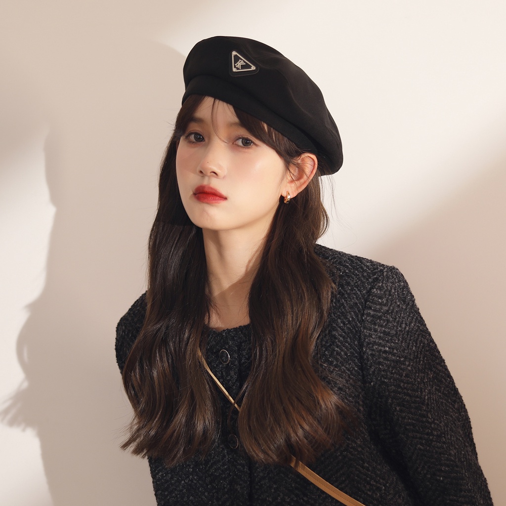 Mũ nồi vải len màu đen phong cách retro Hàn Quốc thời trang thu đông dành cho nữ