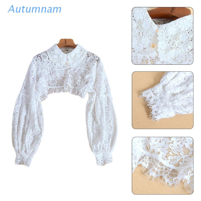 Áo Croptop Tay Dài Phồng Cổ Giả Phối Ren Hoa Thời Trang Mùa Thu Cho Nữ