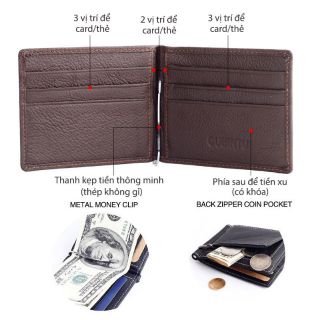 Ví nam da bò thật cao cấp kiểu kẹp tiền, có khe để thẻ card và tiền xu