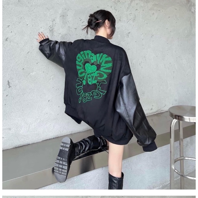 Varsity Jacket Bomber - Áo Khoác Nỉ Phối Tay da Tim Xanh ( có Ảnh Thật )