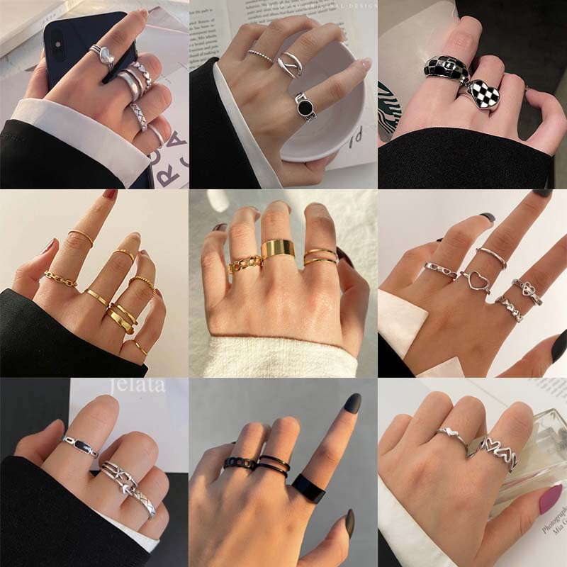 Set 8 Nhẫn Đeo Tay Kim Loại Đính Đá Đen / Bạc Thời Trang Cho Nữ