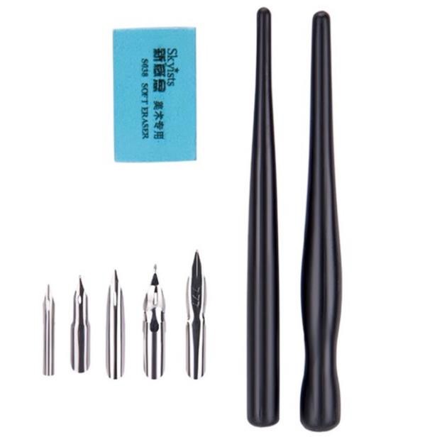 [Lộc's Art Store] Bộ Bút Sắt (chấm mực) Skyists 2 Thân Đen Kèm 5 Ngòi