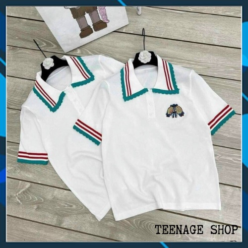 Áo len cộc tay cổ polo Hàn Quốc phối viền kẻ thêu hình