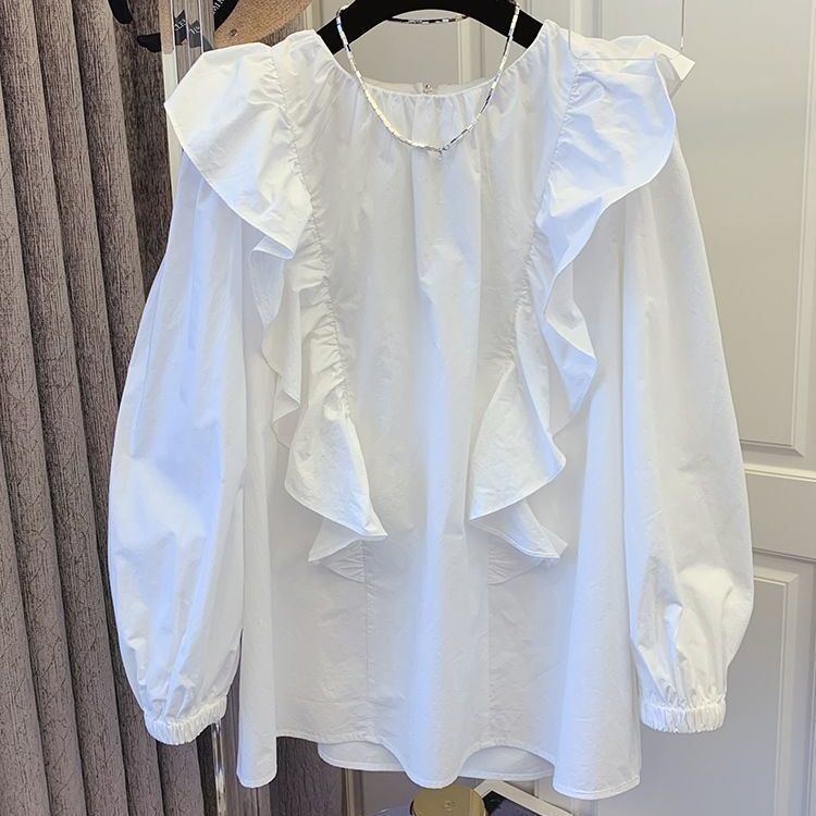 Áo Sơ Mi Trắng Tay Dài Dáng Rộng Phối Bèo Phong Cách Hàn Quốc