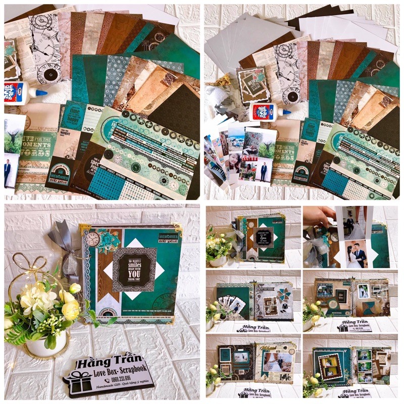 Bộ nguyên liệu làm scrapbook vintage tone màu nâu xanh