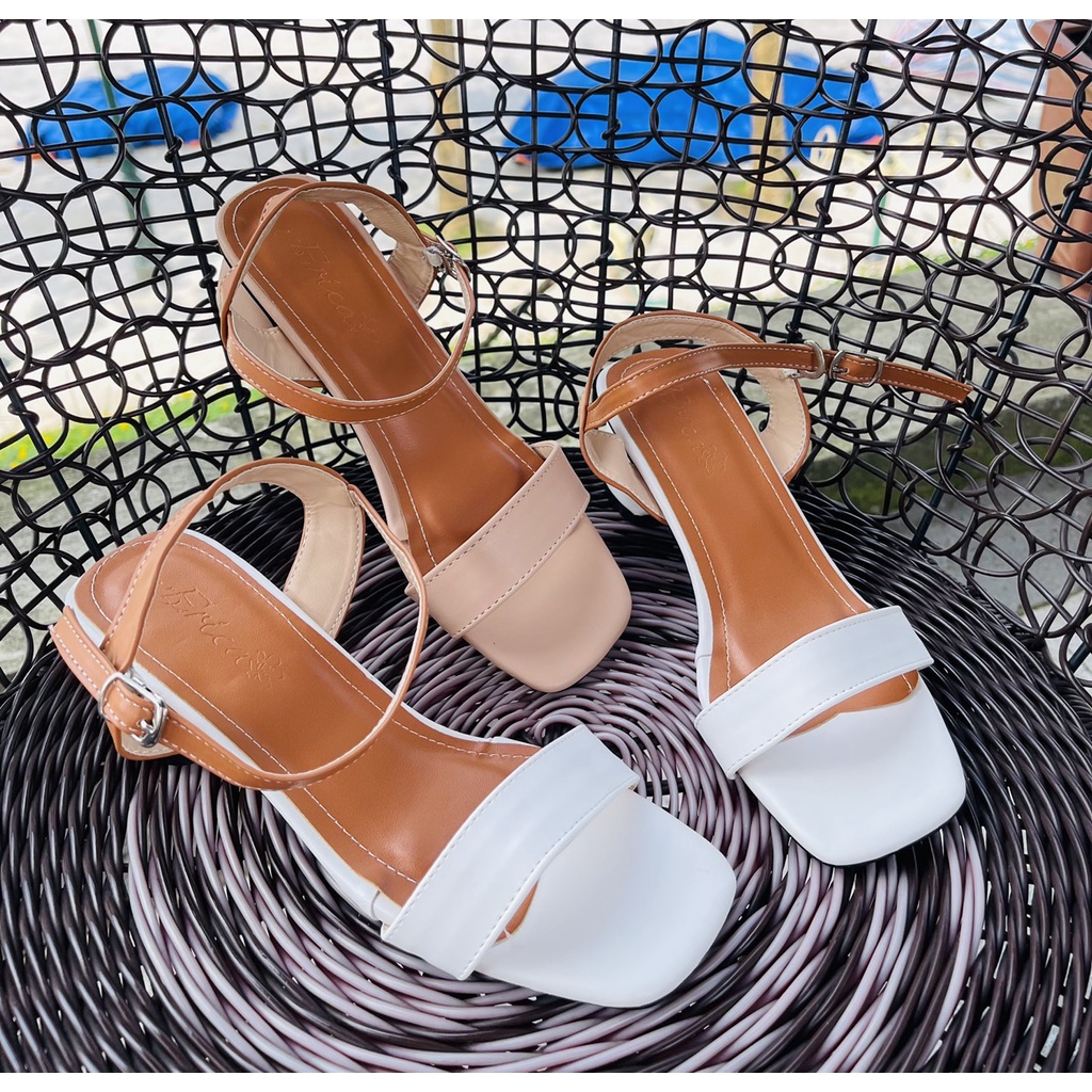 Sandal da mịn quai ngang phối màu kem trắng gót trụ thấp - 3P
