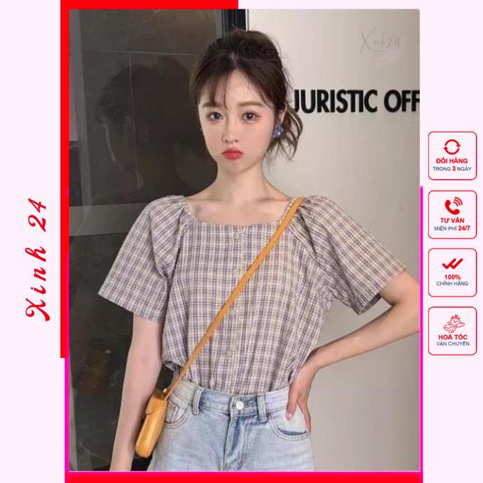 Áo Kiểu Nữ Cổ Vuông Sọc Caro trẻ trung xinh xắn, phong cách Hàn Quốc | BigBuy360 - bigbuy360.vn