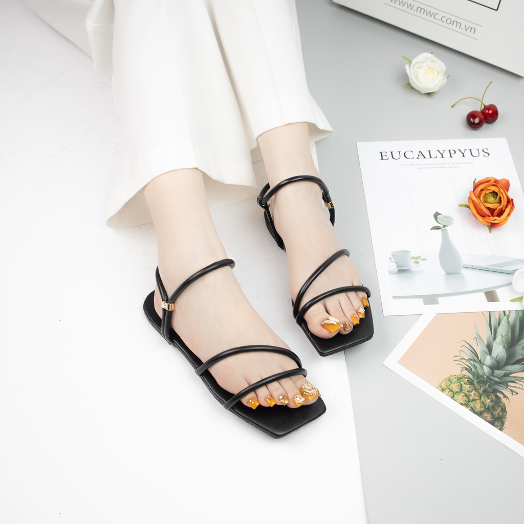 Giày Sandal Nữ MWC Đế Bệt Mũi Vuông Quai Mảnh Dây Chéo Trẻ Trung Màu Đen Kem NUSD- 2765