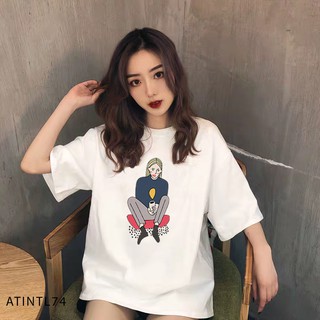 [CỰC HOT] ÁO THUN NAM NỮ IN HÌNH CÔ GÁI NGỒI UỐNG NƯỚC TAY LỠ FREESIZE -ATINTL74