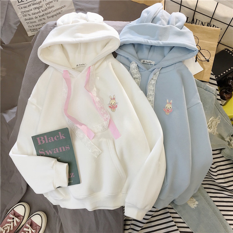 Áo hoodies có nón dài tay thêu hình tai thỏ dễ thương