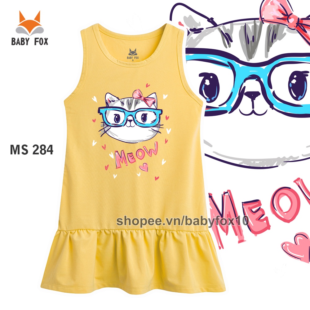 Đầm thun bé gái 100% cotton loại tốt, thương hiệu BABY FOX, in hình mèo, thỏ dễ thương  d