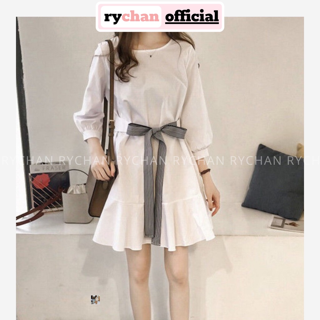 Đầm Xòe Trắng Tay Phồng Đuôi Cá Nơ Eo Dễ Thương - DX248