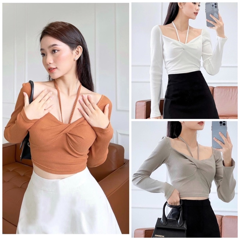 SET ÁO XOĂN NGỰC DÂY CỔ YẾM BẸT VAI + CHÂN VÁY ĐEN