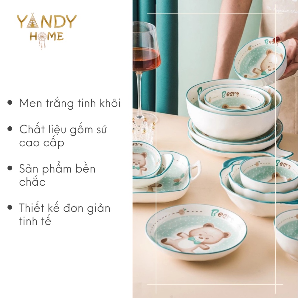 Bát đĩa tô chén gốm sứ YANDY HOME BB09 họa tiết gấu xanh 10 chi tiết men sáng bóng